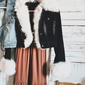 Black Faux Fur Trim Denim Jacket